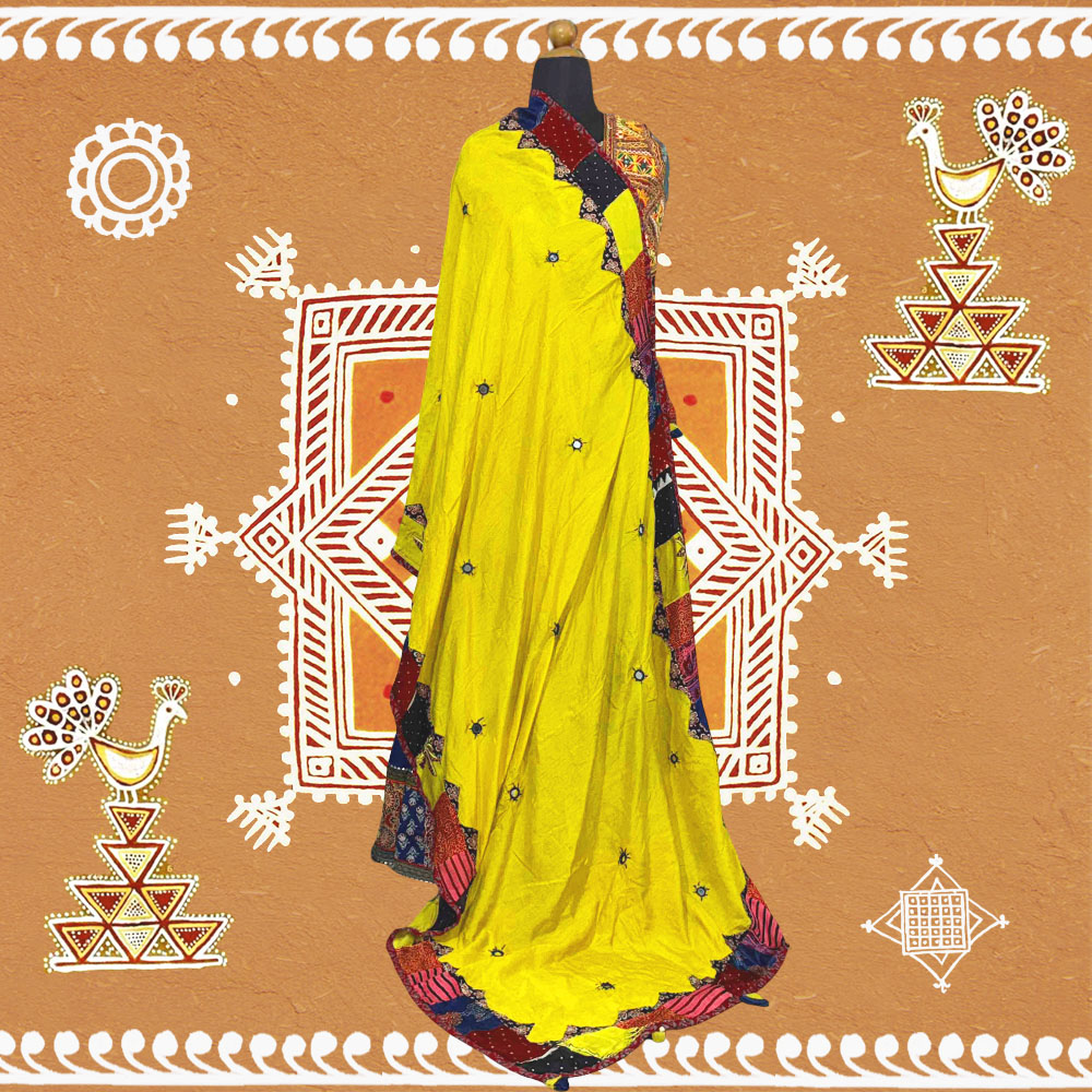 vibrant mirror work dupatta yellow muslin silk embroidery