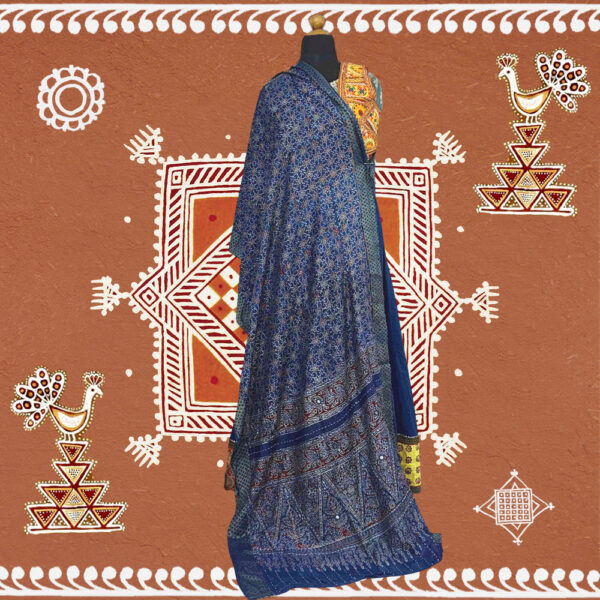 stunning ajrakh dupatta indigo chanderi silk mirror work
