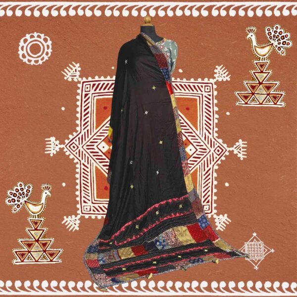 elegant ajrakh dupatta black modal silk katha work intricate patterns