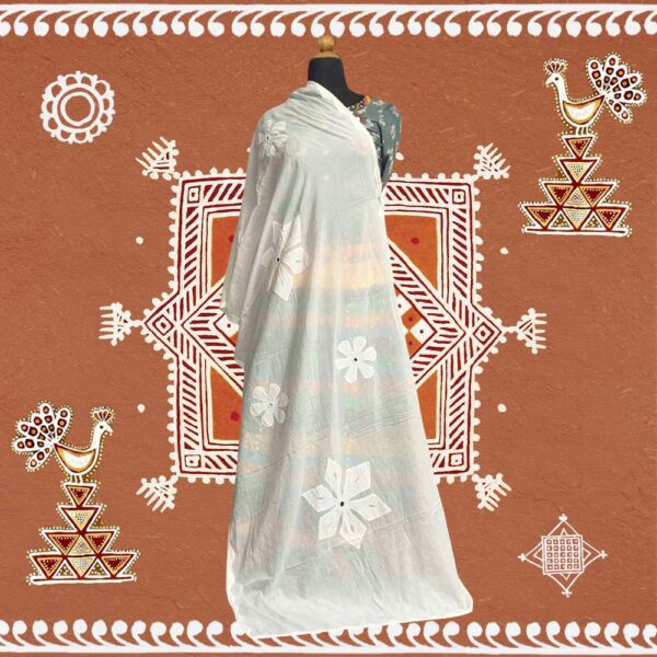 exquisite applique work dupatta off white mulmul cotton mirror accents