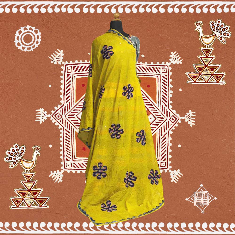 vibrant applique work dupatta yellow cotton handcrafted