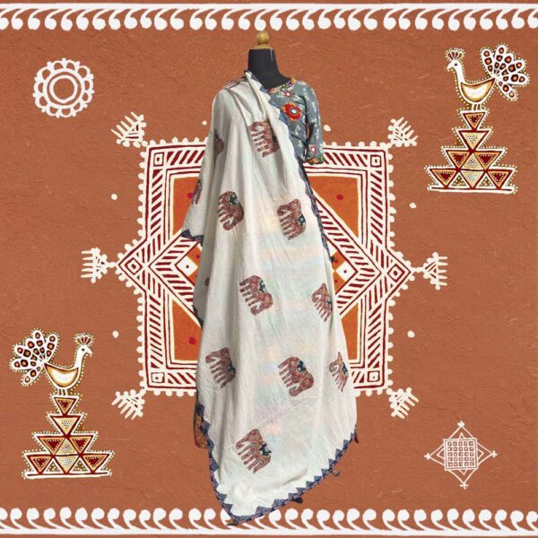 exquisite applique dupatta off white cotton elephant motifs handcrafted