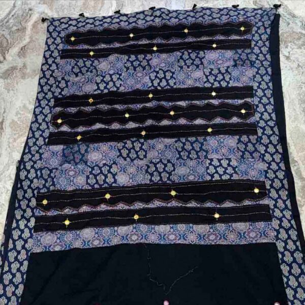 enchanting navy blue ajrakh mirror work saree full view with hand block prints