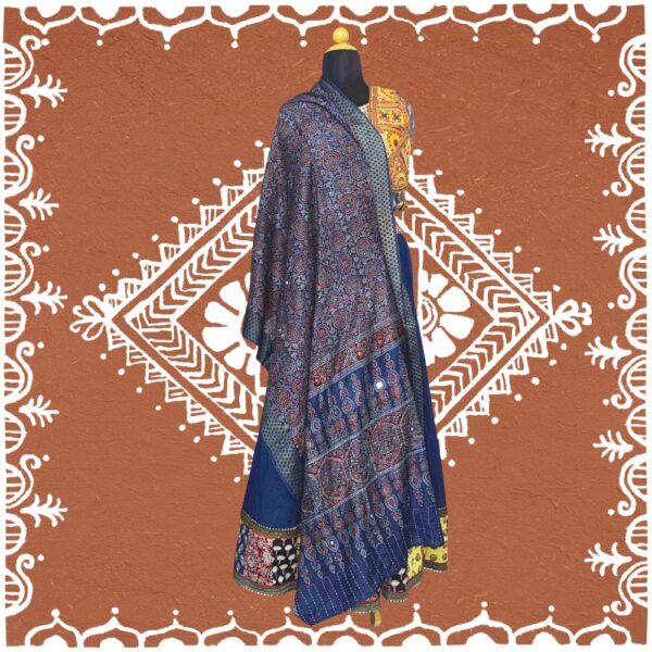 captivating ajrakh stole blue indigo modal silk mirror work