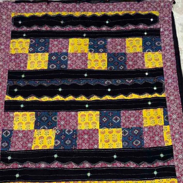 Stunning Black Ajrakh Patch Work Saree with Intricate Hand Block Prints and Applique Embroidery