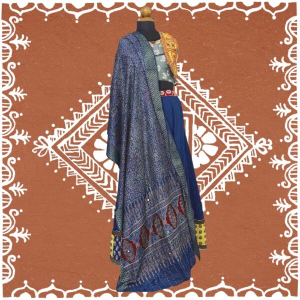 mesmerizing ajrakh stole indigo modal silk mirror work