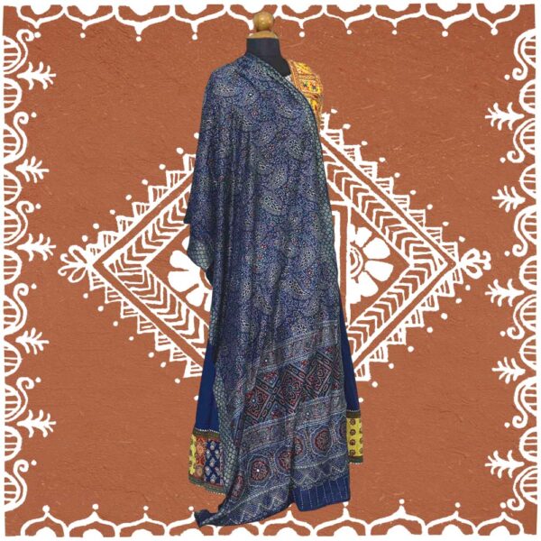 Alluring Ajrakh Stole - Indigo Modal Silk with Sparkling Mirror Work