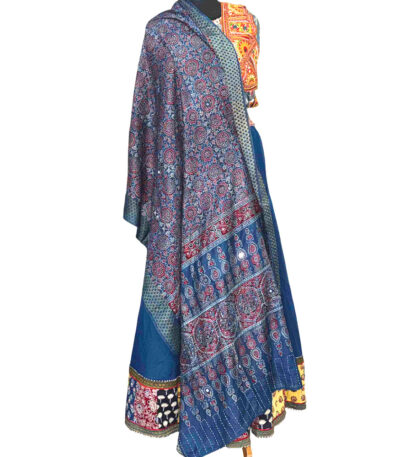 captivating ajrakh stole blue indigo modal silk mirror work
