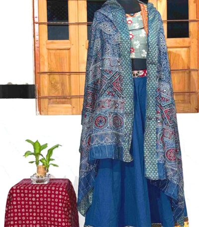 mesmerizing ajrakh stole indigo modal silk mirror work