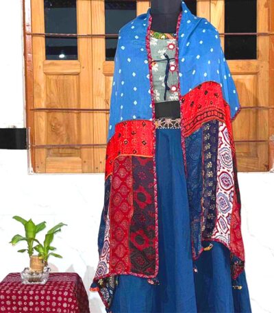 enchanting mirror work stole blue modal silk embroidery