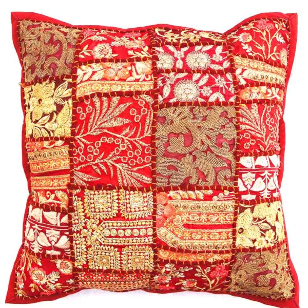 exquisite barmeri work cushion cover red vintage patchwork detail