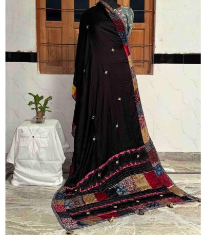 elegant ajrakh dupatta black modal silk katha work intricate patterns
