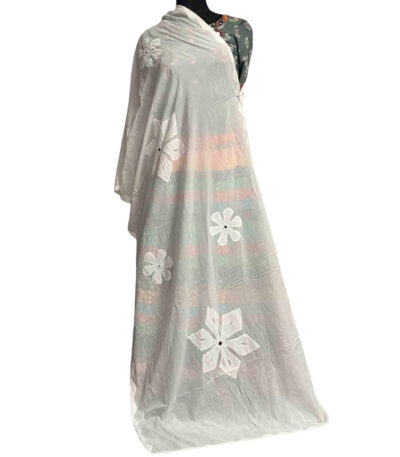 exquisite applique work dupatta off white mulmul cotton mirror accents