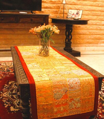 Main product image: Exquisite Barmer red table runner with handcrafted cotton embroidered patchwork flower and leaf design