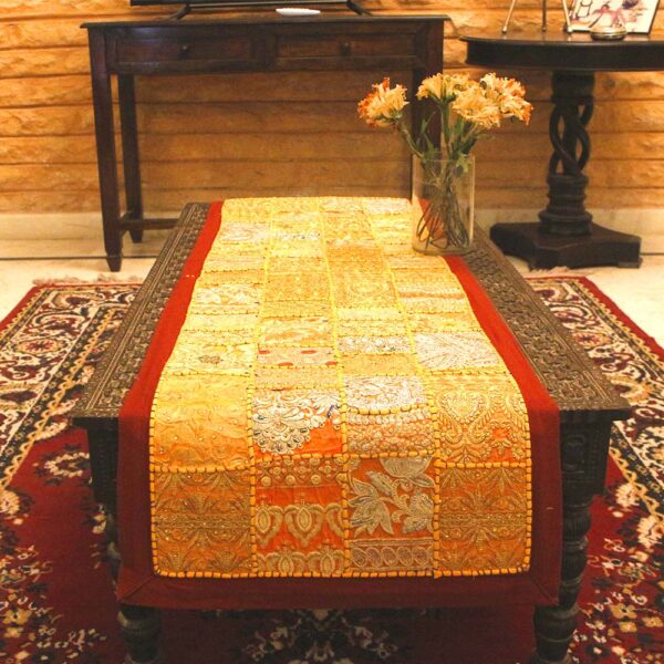 Main product image: Exquisite Barmer red table runner with handcrafted cotton embroidered patchwork flower and leaf design